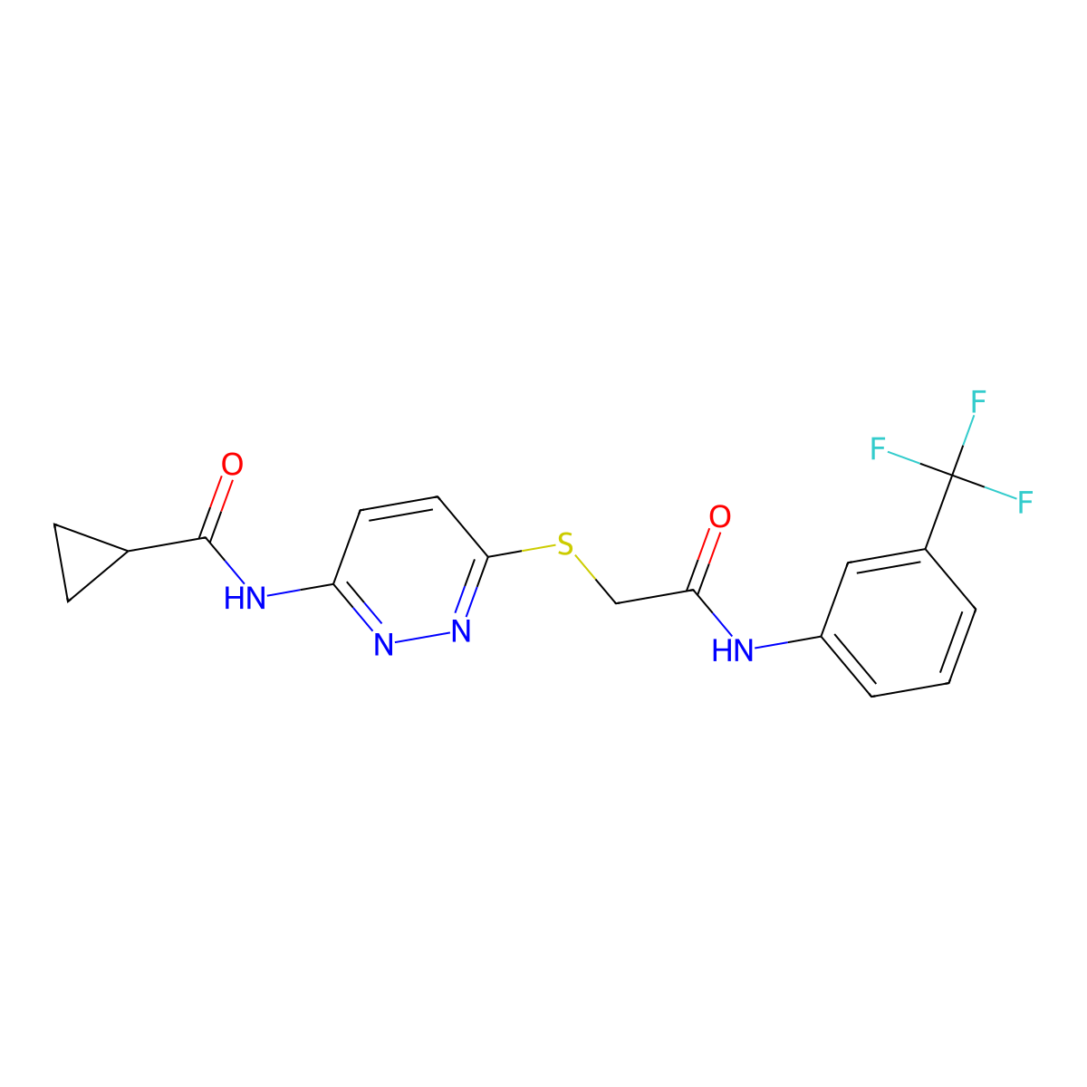 N-(6-((2-oxo-2-((3-(trifluoromethyl)phenyl)amino)ethyl)thio)pyridazin-3-yl)cyclopropanecarboxamide molecular structure, CAS 1021120-32-0