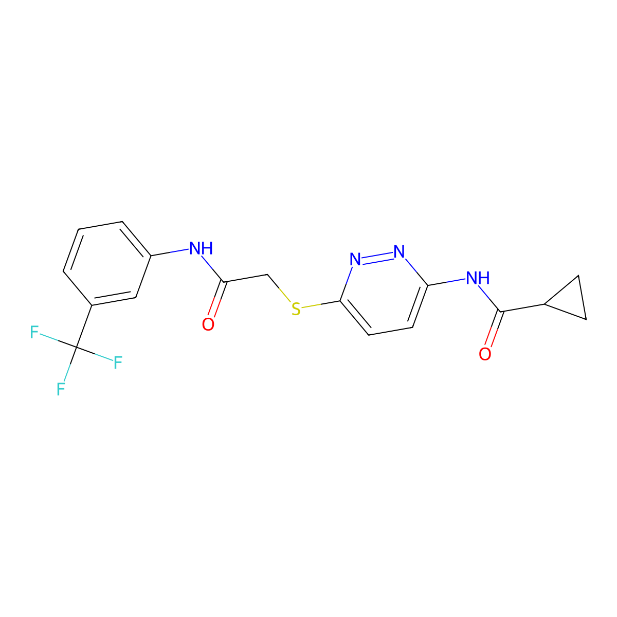 N-(6-((2-oxo-2-((3-(trifluoromethyl)phenyl)amino)ethyl)thio)pyridazin-3-yl)cyclopropanecarboxamide molecular structure, CAS 1021120-32-0