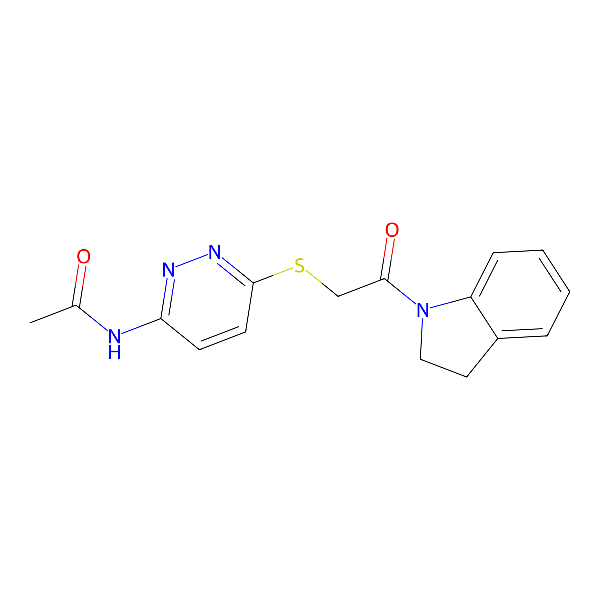 N-(6-((2-(indolin-1-yl)-2-oxoethyl)thio)pyridazin-3-yl)acetamide molecular structure, CAS 1021120-84-2