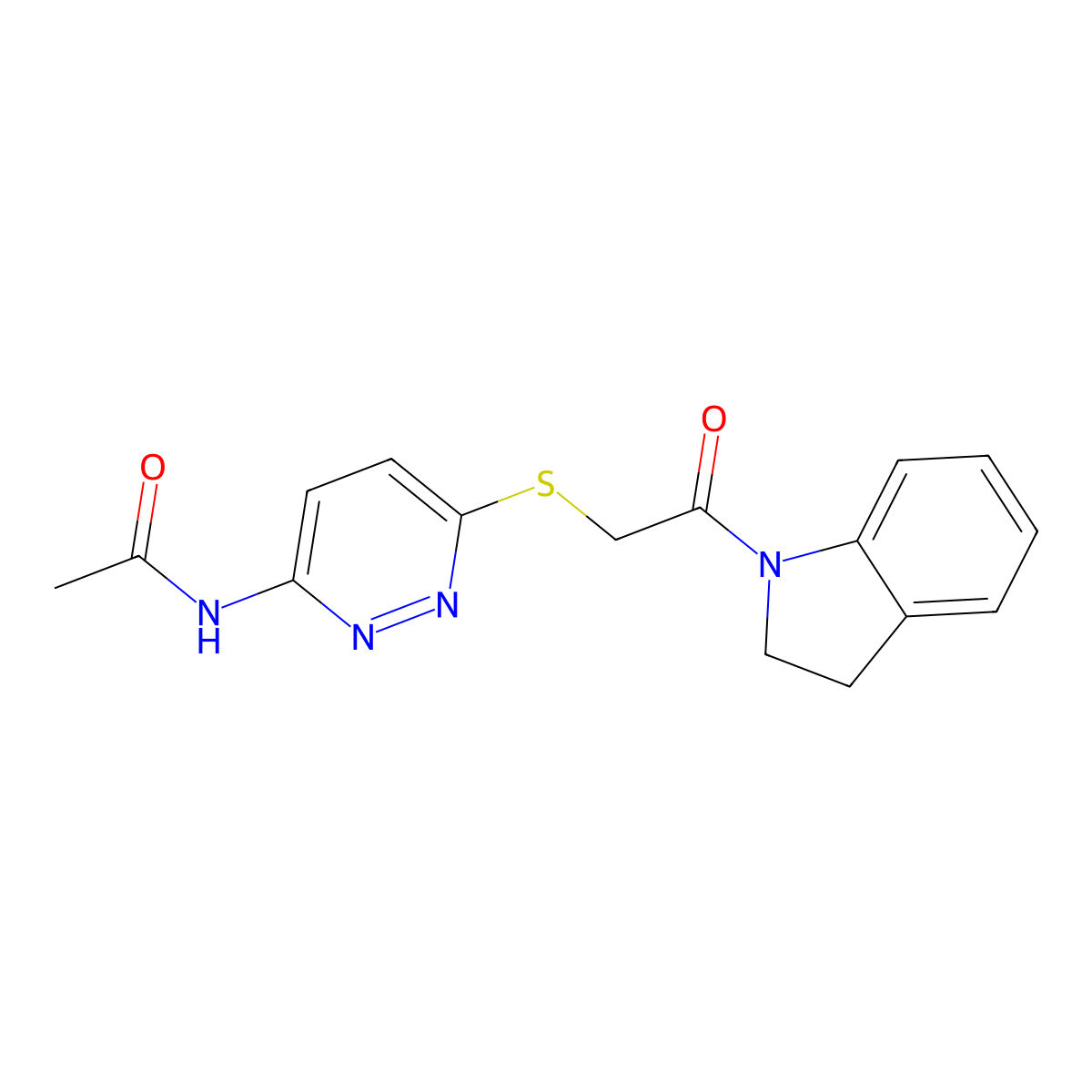 N-(6-((2-(indolin-1-yl)-2-oxoethyl)thio)pyridazin-3-yl)acetamide molecular structure, CAS 1021120-84-2