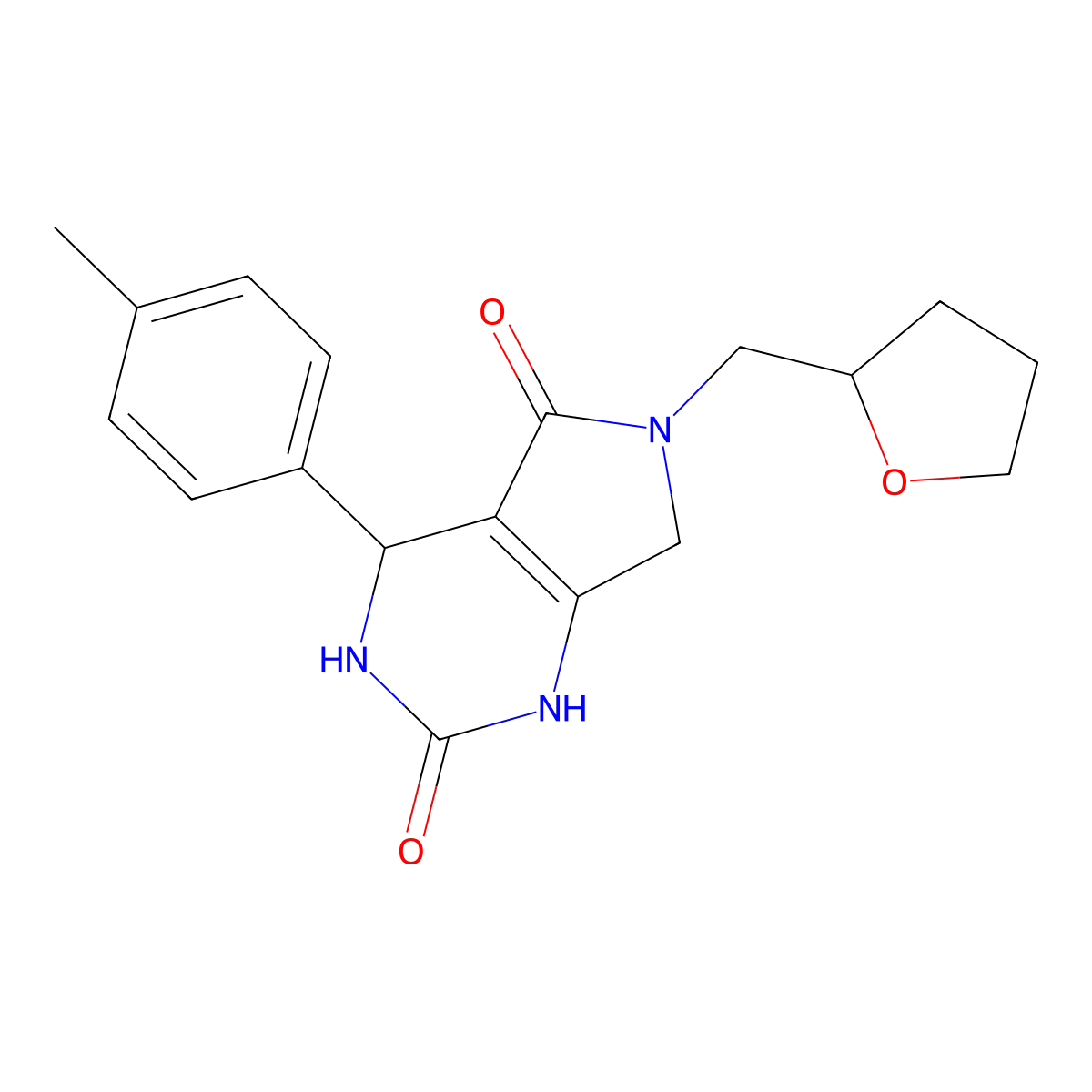 6-((tetrahydrofuran-2-yl)methyl)-4-(p-tolyl)-3,4,6,7-tetrahydro-1H-pyrrolo[3,4-d]pyrimidine-2,5-dione molecular structure, CAS 1021122-18-8