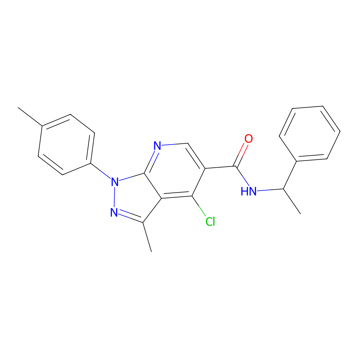4-chloro-3-methyl-N-(1-phenylethyl)-1-(p-tolyl)-1H-pyrazolo[3,4-b]pyridine-5-carboxamide molecular structure, CAS 1021122-50-8