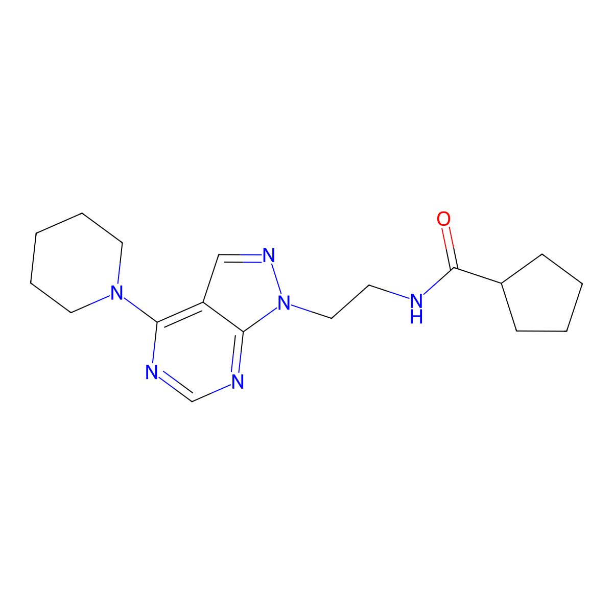 N-(2-(4-(piperidin-1-yl)-1H-pyrazolo[3,4-d]pyrimidin-1-yl)ethyl)cyclopentanecarboxamide molecular structure, CAS 1021122-62-2