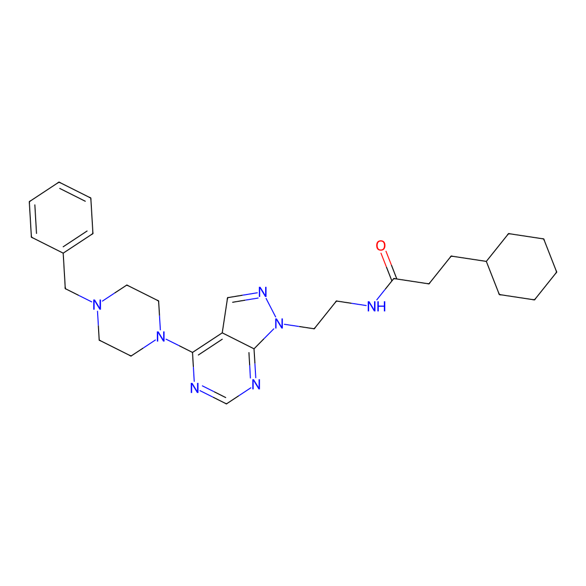 N-(2-(4-(4-benzylpiperazin-1-yl)-1H-pyrazolo[3,4-d]pyrimidin-1-yl)ethyl)-3-cyclohexylpropanamide molecular structure, CAS 1021122-66-6