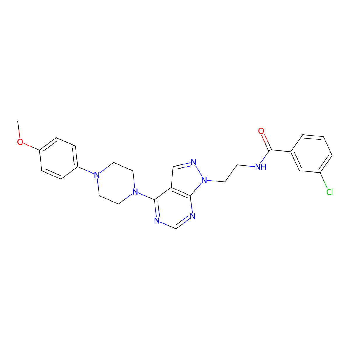 3-chloro-N-(2-(4-(4-(4-methoxyphenyl)piperazin-1-yl)-1H-pyrazolo[3,4-d]pyrimidin-1-yl)ethyl)benzamide molecular structure, CAS 1021122-72-4