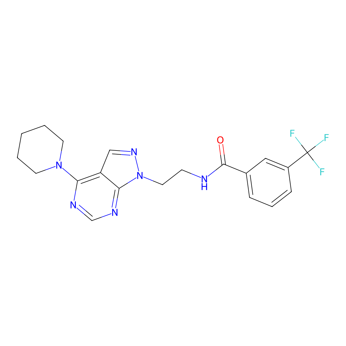 N-(2-(4-(piperidin-1-yl)-1H-pyrazolo[3,4-d]pyrimidin-1-yl)ethyl)-3-(trifluoromethyl)benzamide molecular structure, CAS 1021122-80-4
