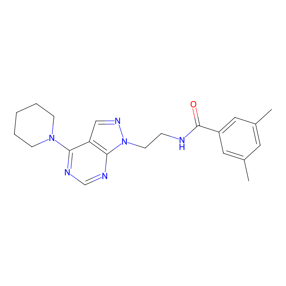 3,5-dimethyl-N-(2-(4-(piperidin-1-yl)-1H-pyrazolo[3,4-d]pyrimidin-1-yl)ethyl)benzamide molecular structure, CAS 1021122-83-7
