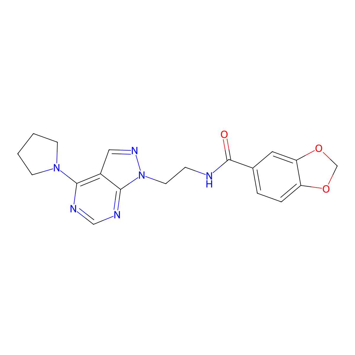 N-(2-(4-(pyrrolidin-1-yl)-1H-pyrazolo[3,4-d]pyrimidin-1-yl)ethyl)benzo[d][1,3]dioxole-5-carboxamide molecular structure, CAS 1021122-88-2