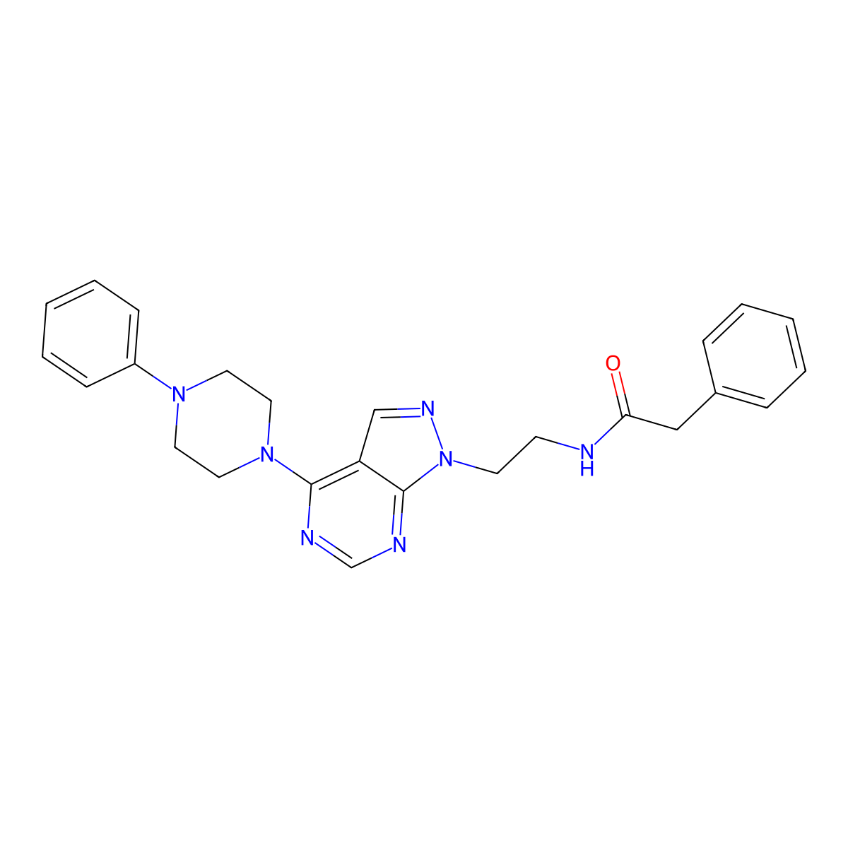 2-phenyl-N-(2-(4-(4-phenylpiperazin-1-yl)-1H-pyrazolo[3,4-d]pyrimidin-1-yl)ethyl)acetamide molecular structure, CAS 1021122-94-0
