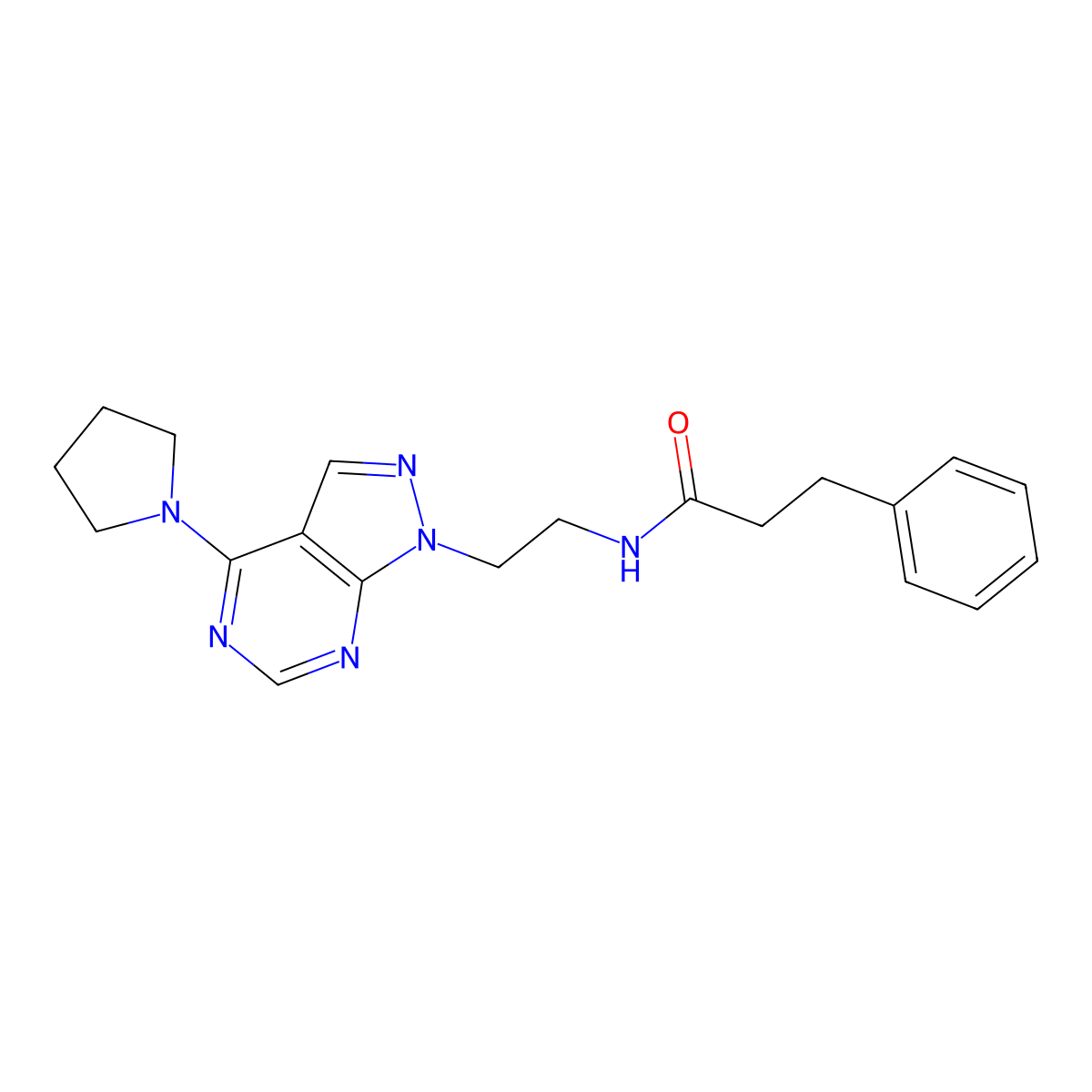 3-phenyl-N-(2-(4-(pyrrolidin-1-yl)-1H-pyrazolo[3,4-d]pyrimidin-1-yl)ethyl)propanamide molecular structure, CAS 1021122-96-2