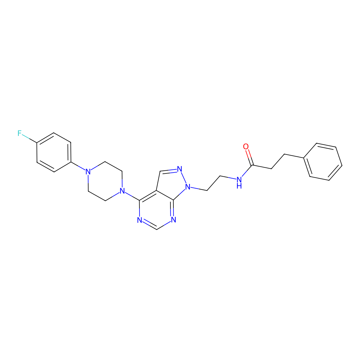 N-(2-(4-(4-(4-fluorophenyl)piperazin-1-yl)-1H-pyrazolo[3,4-d]pyrimidin-1-yl)ethyl)-3-phenylpropanamide molecular structure, CAS 1021122-97-3