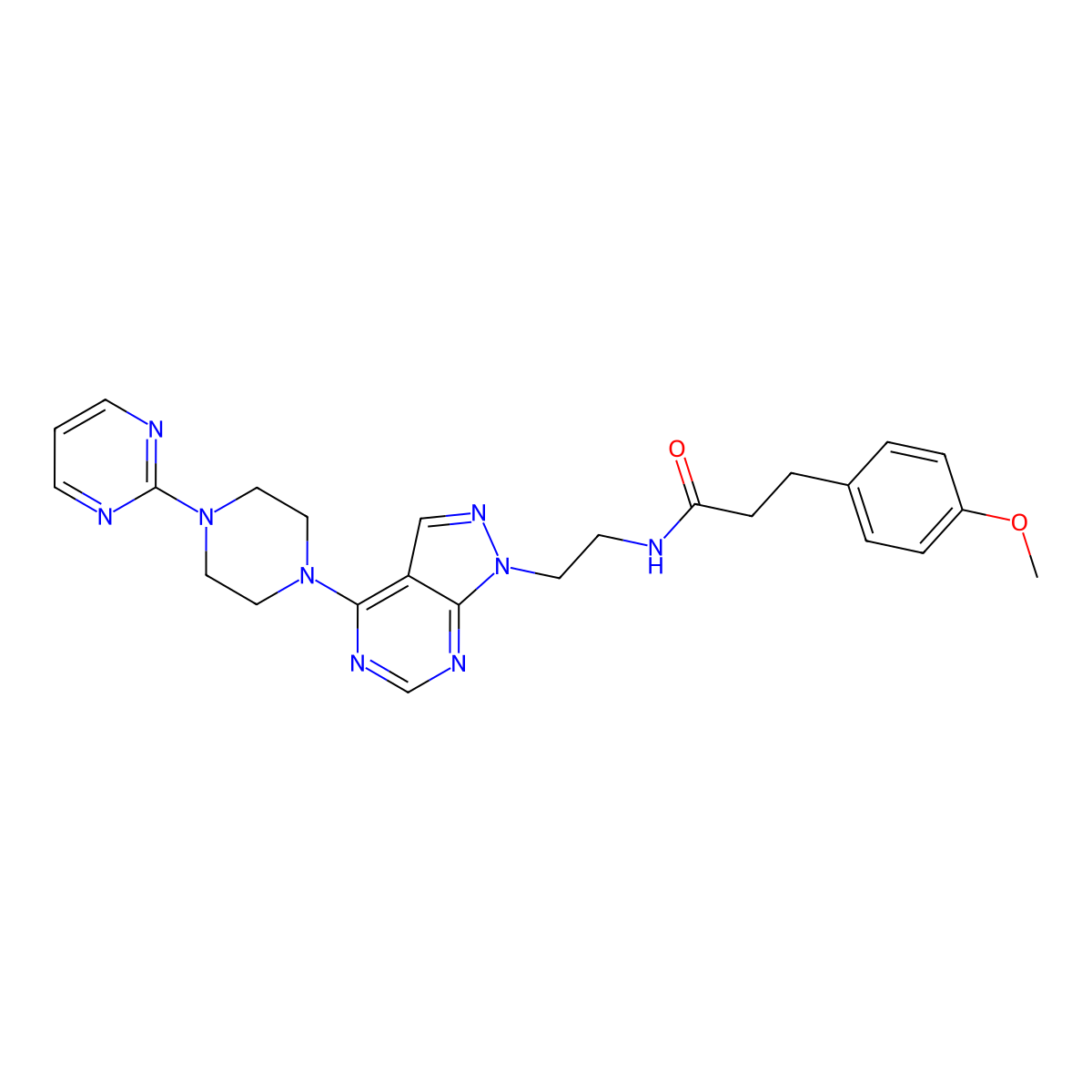 3-(4-methoxyphenyl)-N-(2-(4-(4-(pyrimidin-2-yl)piperazin-1-yl)-1H-pyrazolo[3,4-d]pyrimidin-1-yl)ethyl)propanamide molecular structure, CAS 1021123-01-2