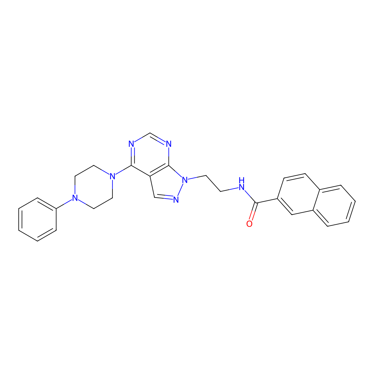 N-(2-(4-(4-phenylpiperazin-1-yl)-1H-pyrazolo[3,4-d]pyrimidin-1-yl)ethyl)-2-naphthamide molecular structure, CAS 1021123-07-8