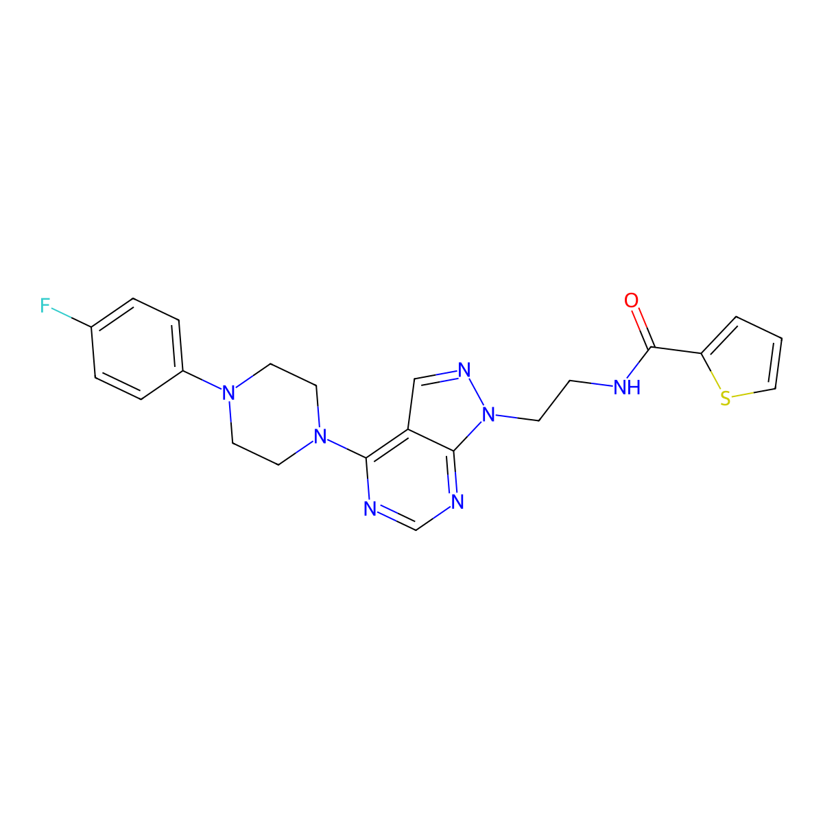 N-(2-(4-(4-(4-fluorophenyl)piperazin-1-yl)-1H-pyrazolo[3,4-d]pyrimidin-1-yl)ethyl)thiophene-2-carboxamide molecular structure, CAS 1021123-23-8