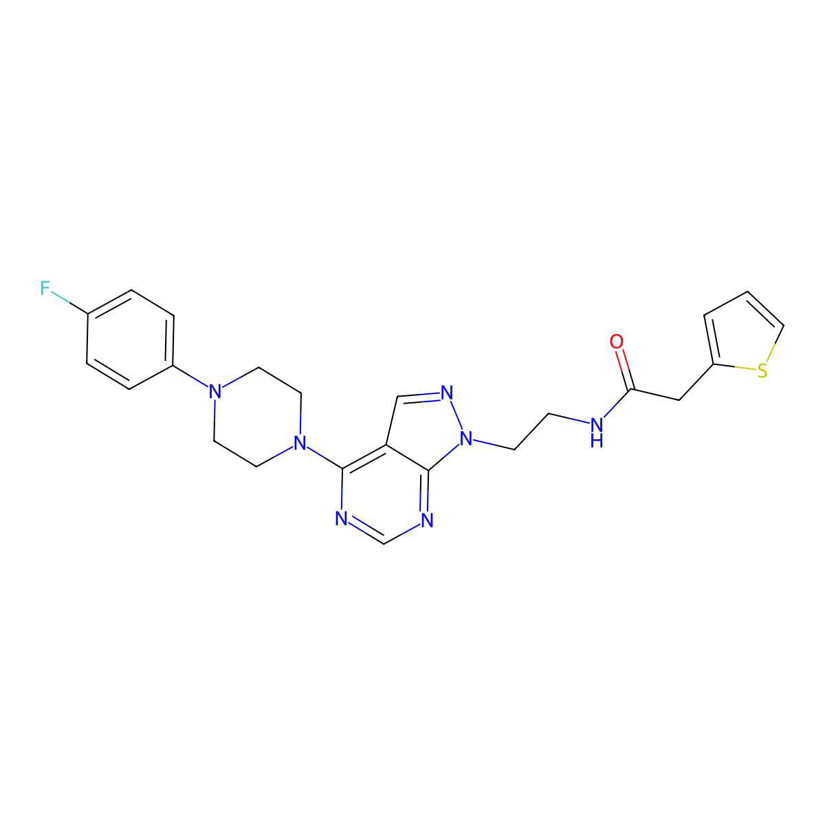 N-(2-(4-(4-(4-fluorophenyl)piperazin-1-yl)-1H-pyrazolo[3,4-d]pyrimidin-1-yl)ethyl)-2-(thiophen-2-yl)acetamide molecular structure, CAS 1021123-29-4