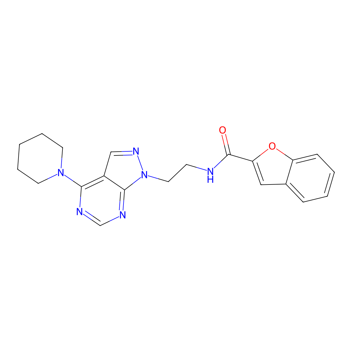 N-(2-(4-(piperidin-1-yl)-1H-pyrazolo[3,4-d]pyrimidin-1-yl)ethyl)benzofuran-2-carboxamide molecular structure, CAS 1021123-31-8