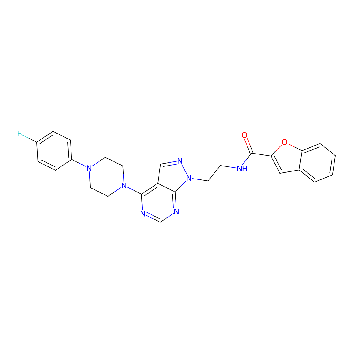 N-(2-(4-(4-(4-fluorophenyl)piperazin-1-yl)-1H-pyrazolo[3,4-d]pyrimidin-1-yl)ethyl)benzofuran-2-carboxamide molecular structure, CAS 1021123-35-2