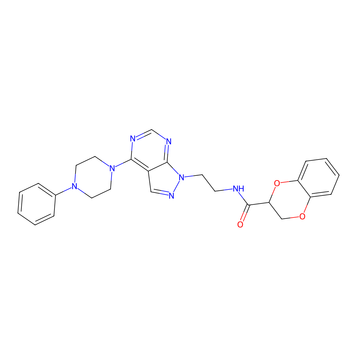 N-(2-(4-(4-phenylpiperazin-1-yl)-1H-pyrazolo[3,4-d]pyrimidin-1-yl)ethyl)-2,3-dihydrobenzo[b][1,4]dioxine-2-carboxamide molecular structure, CAS 1021123-39-6