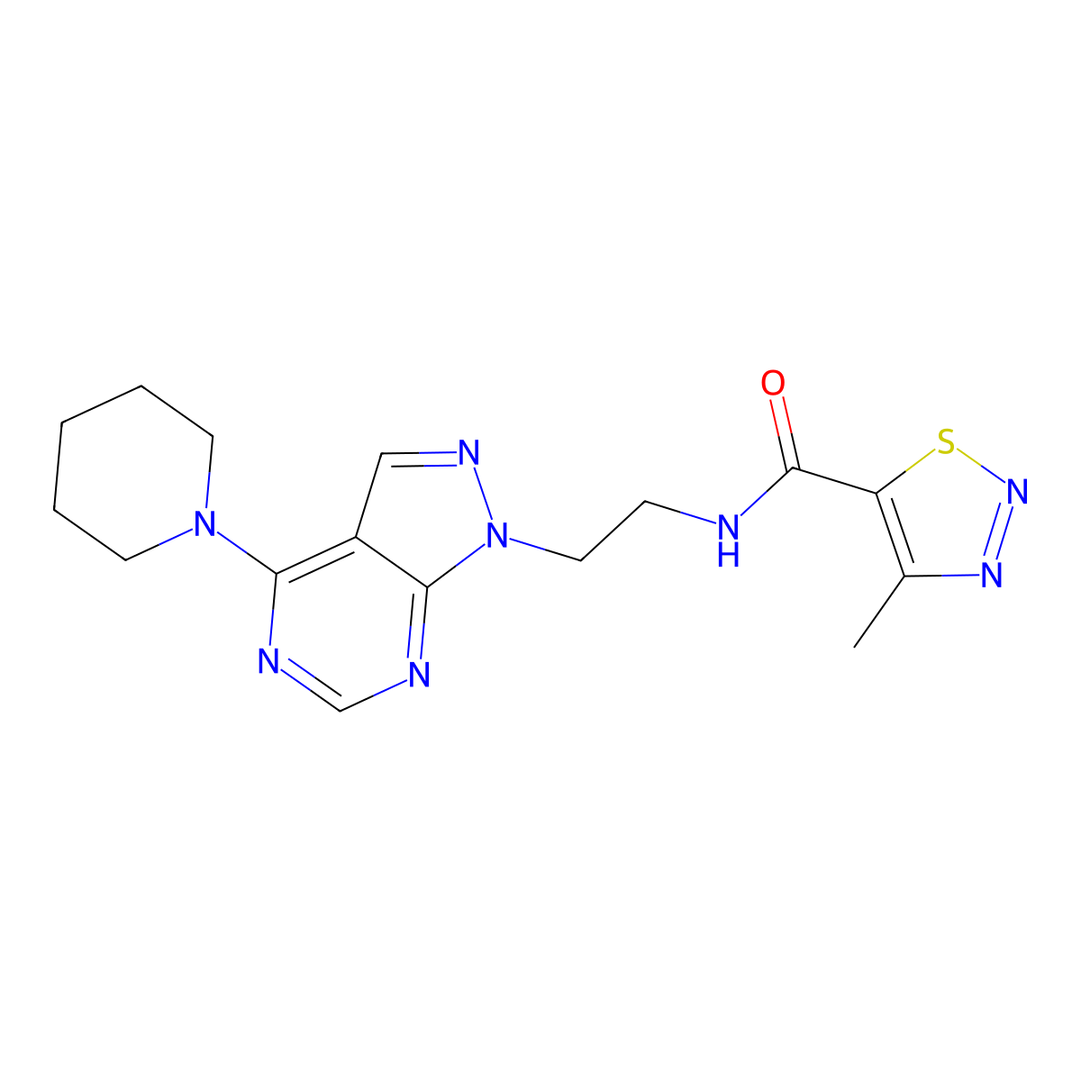 4-methyl-N-(2-(4-(piperidin-1-yl)-1H-pyrazolo[3,4-d]pyrimidin-1-yl)ethyl)-1,2,3-thiadiazole-5-carboxamide molecular structure, CAS 1021123-41-0