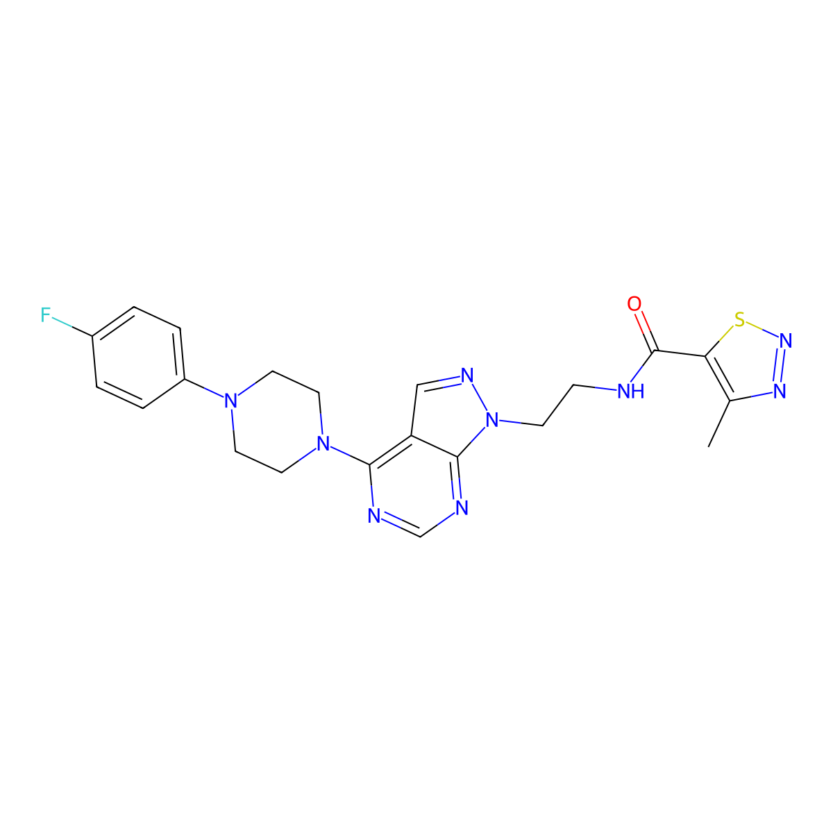 N-(2-(4-(4-(4-fluorophenyl)piperazin-1-yl)-1H-pyrazolo[3,4-d]pyrimidin-1-yl)ethyl)-4-methyl-1,2,3-thiadiazole-5-carboxamide molecular structure, CAS 1021123-43-2