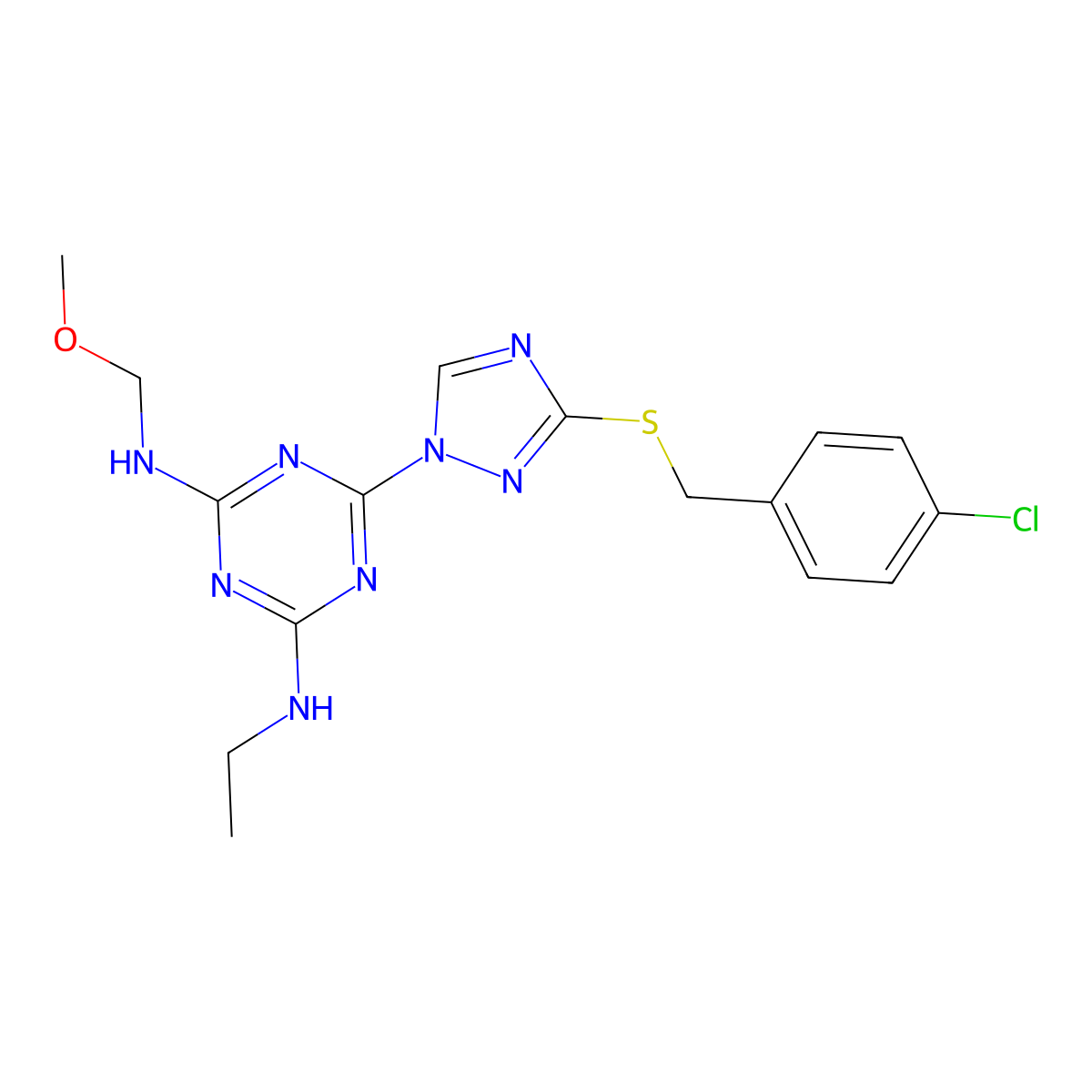 6-{3-[(4-chlorobenzyl)sulfanyl]-1H-1,2,4-triazol-1-yl}-N-ethyl-N'-(methoxymethyl)-1,3,5-triazine-2,4-diamine molecular structure, CAS 1021123-54-5