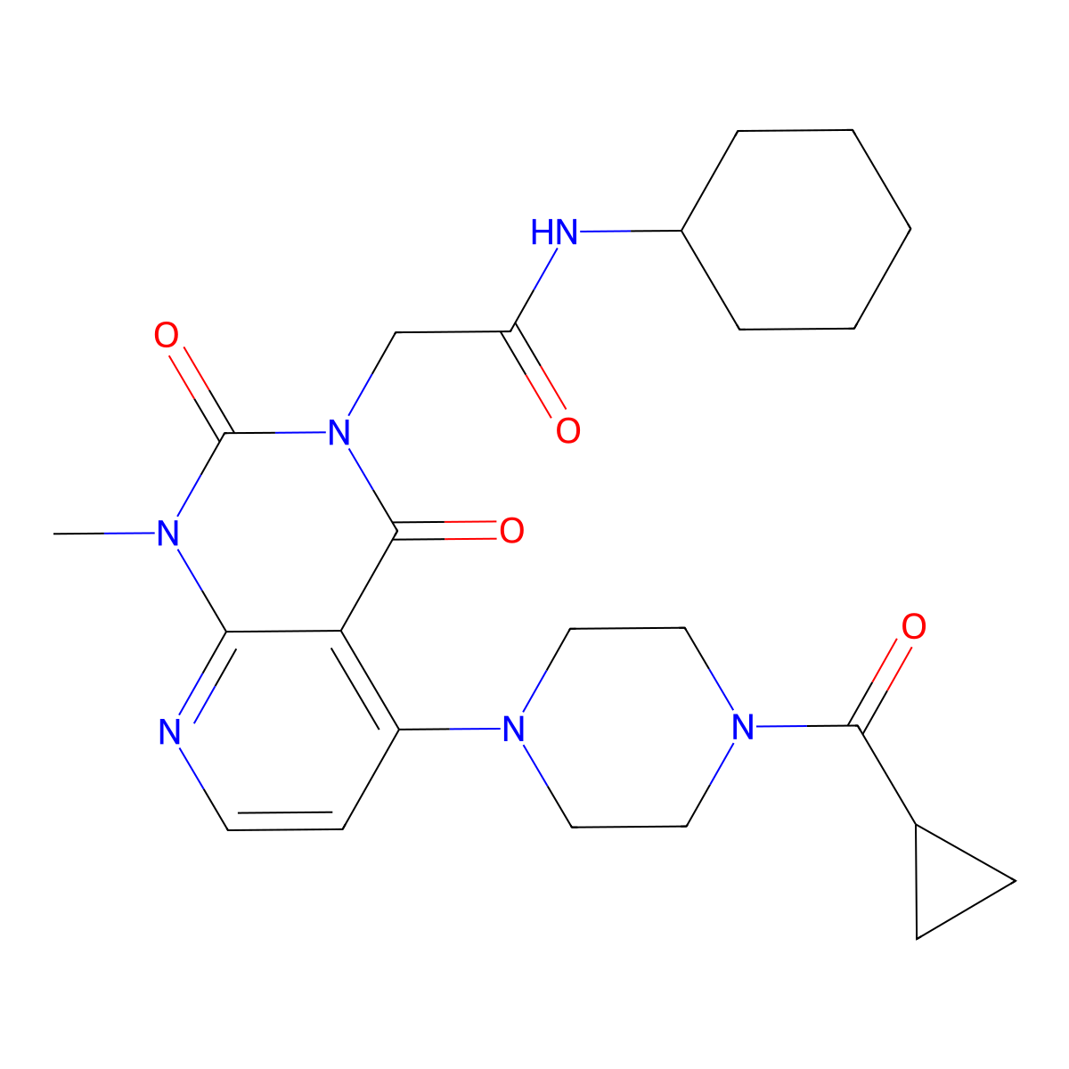 N-cyclohexyl-2-(5-(4-(cyclopropanecarbonyl)piperazin-1-yl)-1-methyl-2,4-dioxo-1,2-dihydropyrido[2,3-d]pyrimidin-3(4H)-yl)acetamide molecular structure, CAS 1021123-64-7