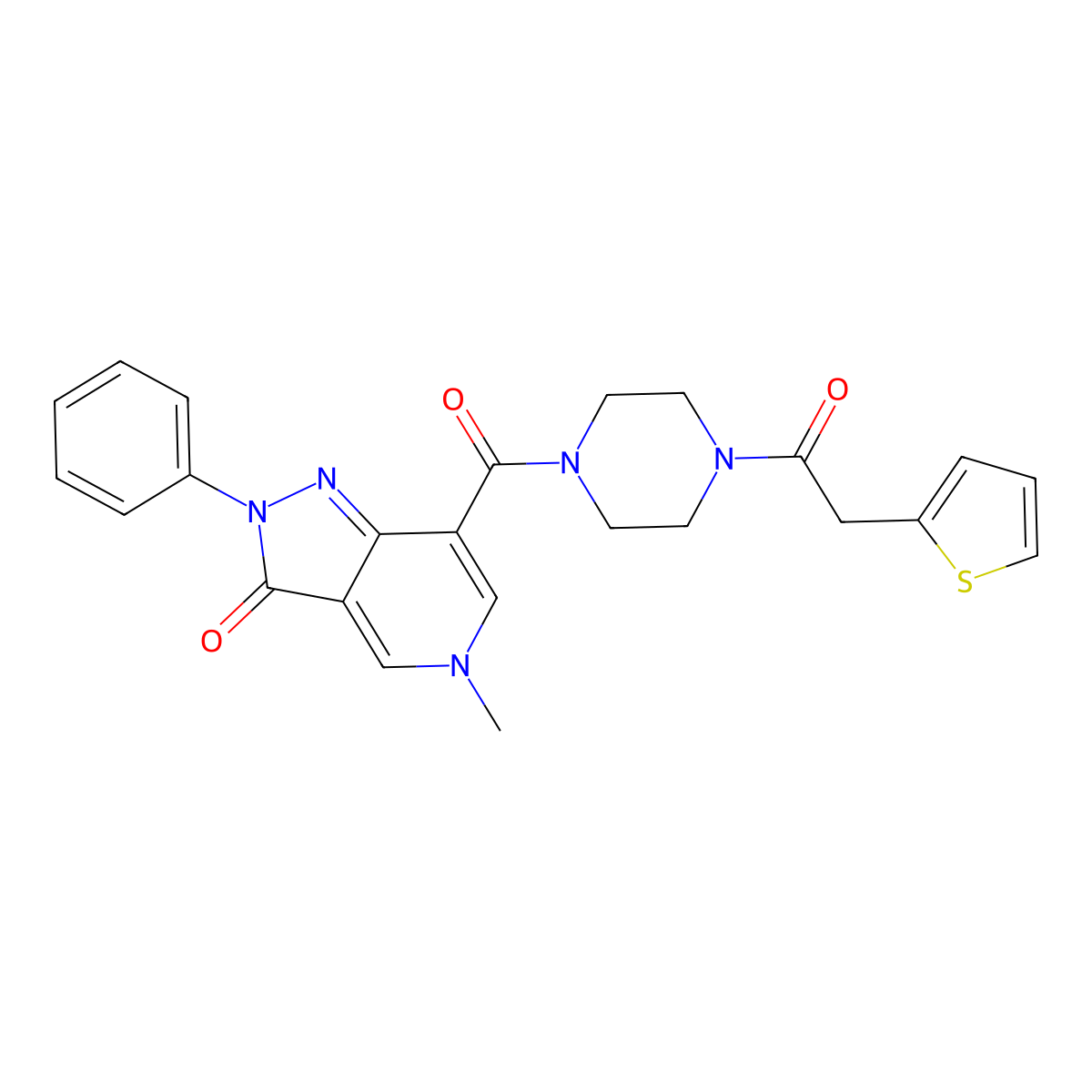 5-methyl-2-phenyl-7-(4-(2-(thiophen-2-yl)acetyl)piperazine-1-carbonyl)-2H-pyrazolo[4,3-c]pyridin-3(5H)-one molecular structure, CAS 1021123-94-3