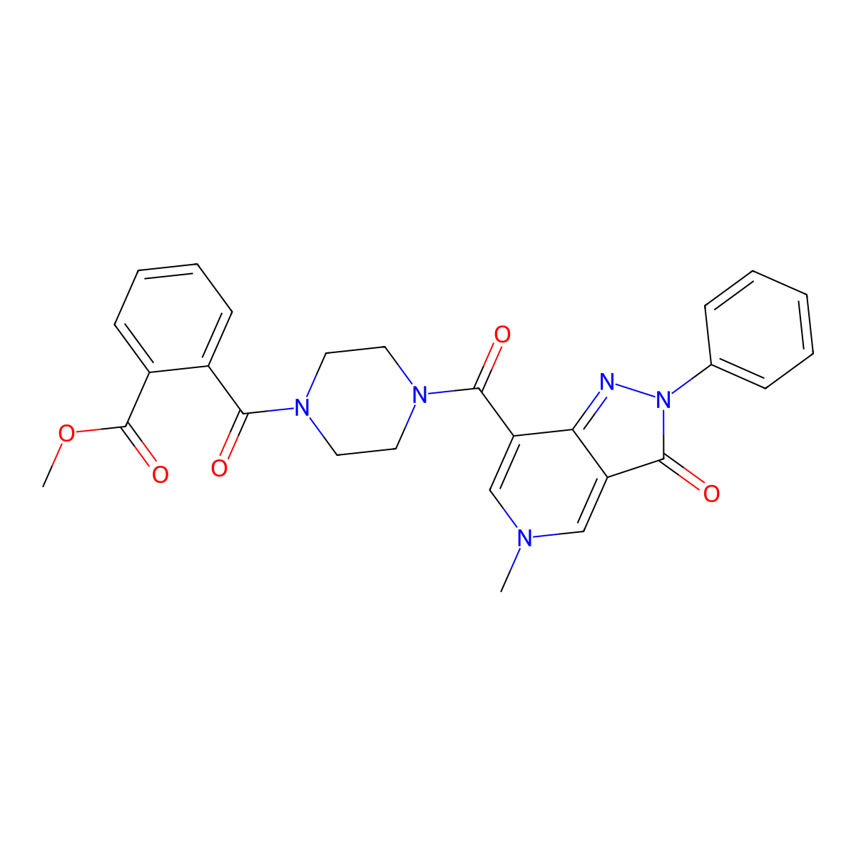 methyl 2-(4-(5-methyl-3-oxo-2-phenyl-3,5-dihydro-2H-pyrazolo[4,3-c]pyridine-7-carbonyl)piperazine-1-carbonyl)benzoate molecular structure, CAS 1021123-98-7