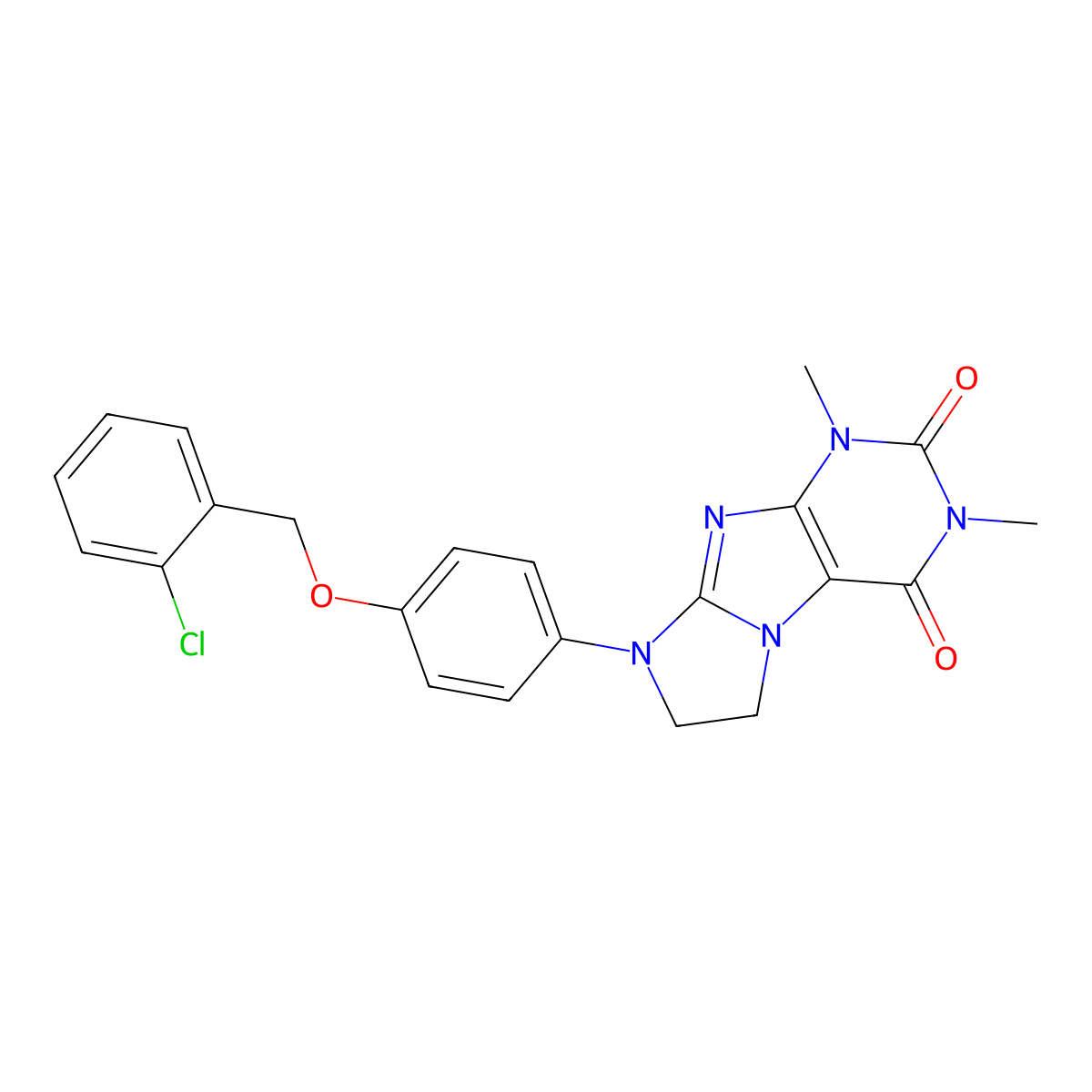 8-{4-[(2-Chlorophenyl)methoxy]phenyl}-1,3-dimethyl-1,3,5-trihydroimidazolidino [1,2-h]purine-2,4-dione molecular structure, CAS 1021124-07-1