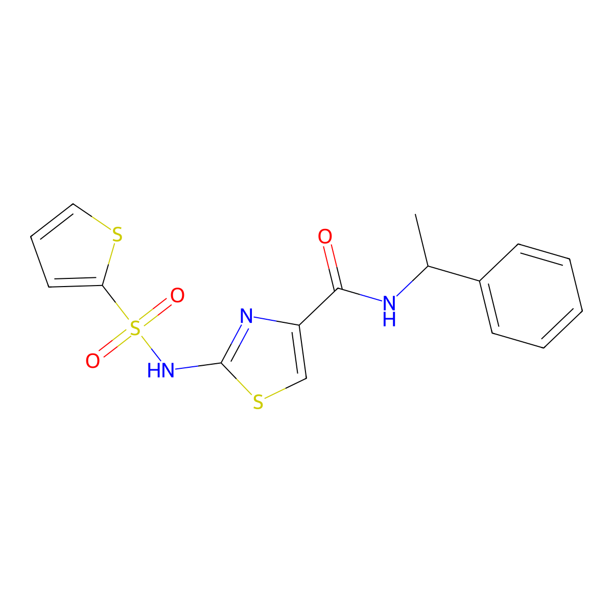 N-(1-phenylethyl)-2-(thiophene-2-sulfonamido)thiazole-4-carboxamide molecular structure, CAS 1021124-39-9