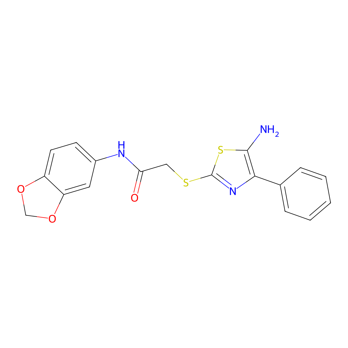 2-((5-amino-4-phenylthiazol-2-yl)thio)-N-(benzo[d][1,3]dioxol-5-yl)acetamide molecular structure, CAS 1021124-75-3