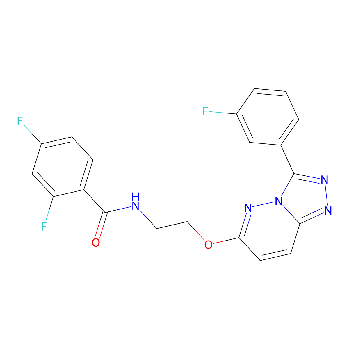 2,4-difluoro-N-(2-((3-(3-fluorophenyl)-[1,2,4]triazolo[4,3-b]pyridazin-6-yl)oxy)ethyl)benzamide molecular structure, CAS 1021125-14-3