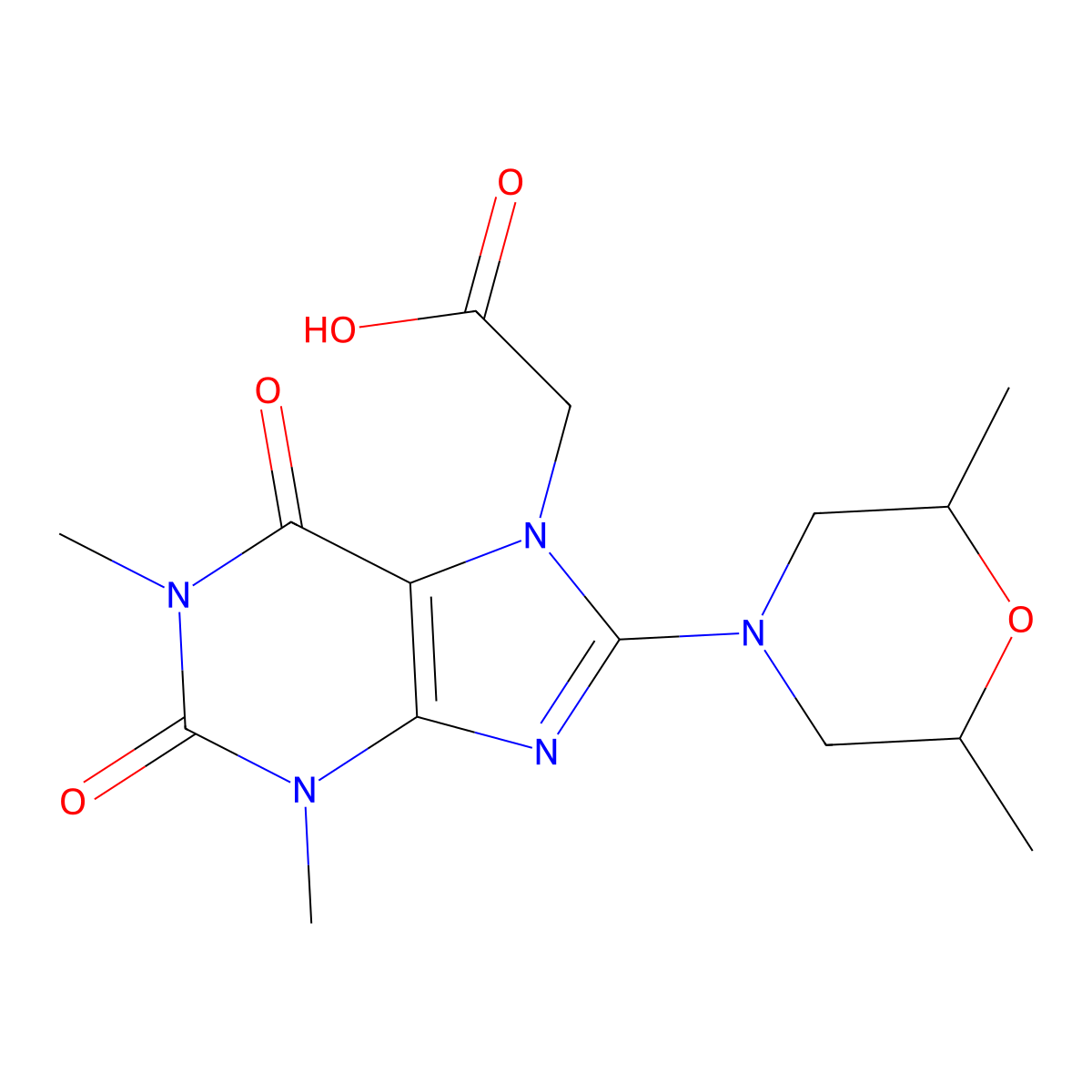 2-(8-(2,6-dimethylmorpholino)-1,3-dimethyl-2,6-dioxo-2,3-dihydro-1H-purin-7(6H)-yl)acetic acid molecular structure, CAS 1021125-77-8