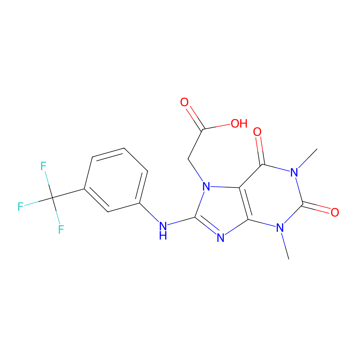 2-(1,3-dimethyl-2,6-dioxo-8-((3-(trifluoromethyl)phenyl)amino)-2,3-dihydro-1H-purin-7(6H)-yl)acetic acid molecular structure, CAS 1021125-88-1
