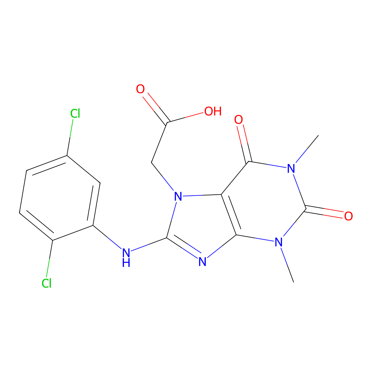 2-(8-((2,5-dichlorophenyl)amino)-1,3-dimethyl-2,6-dioxo-2,3-dihydro-1H-purin-7(6H)-yl)acetic acid molecular structure, CAS 1021125-92-7