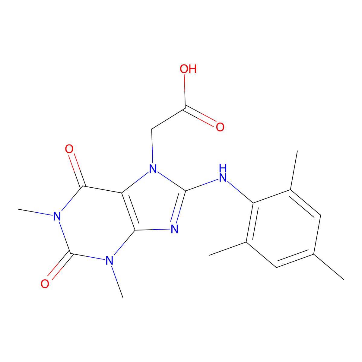 2-(8-(mesitylamino)-1,3-dimethyl-2,6-dioxo-2,3-dihydro-1H-purin-7(6H)-yl)acetic acid molecular structure, CAS 1021125-96-1