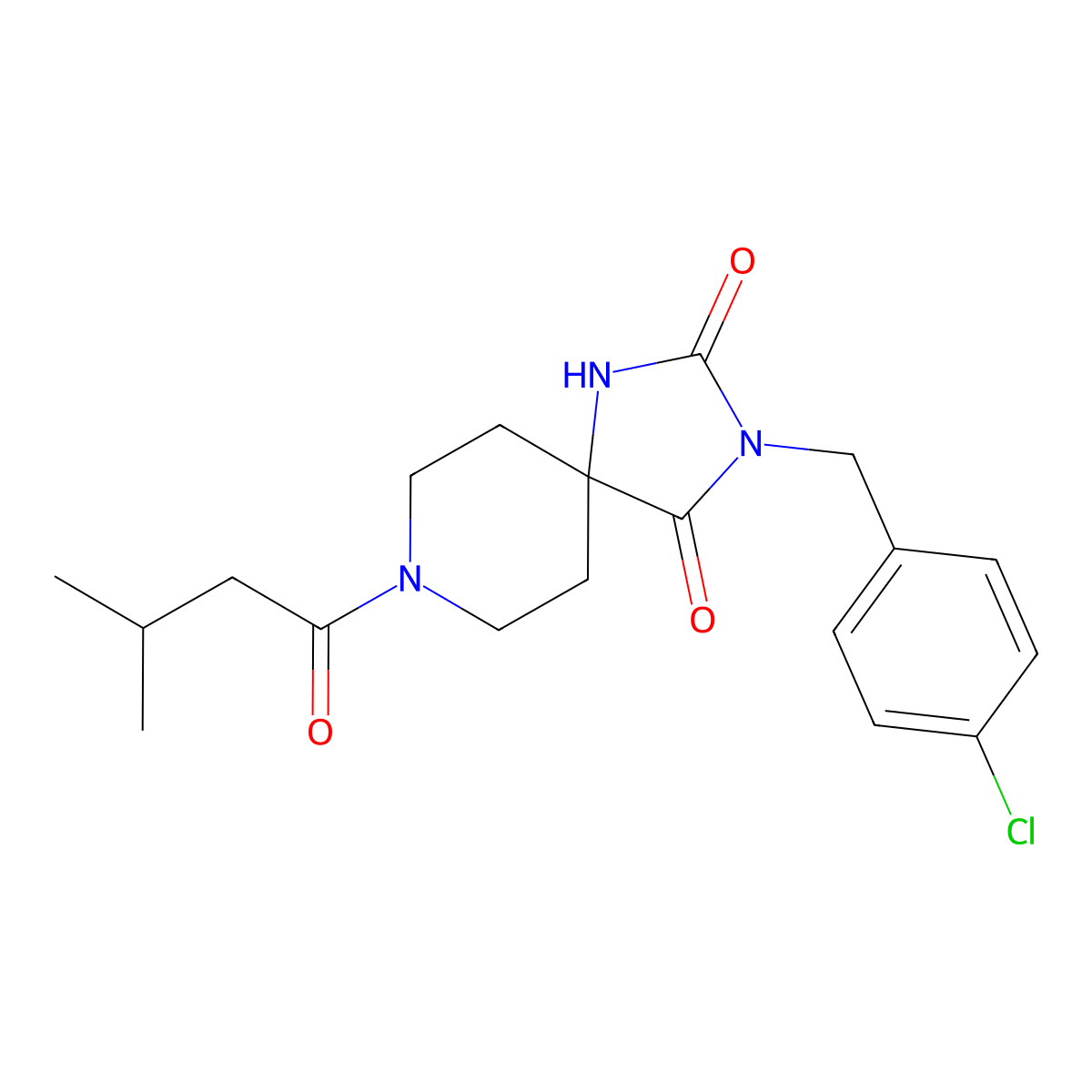 3-(4-Chlorobenzyl)-8-(3-methylbutanoyl)-1,3,8-triazaspiro[4.5]decane-2,4-dione molecular structure, CAS 1021126-80-6