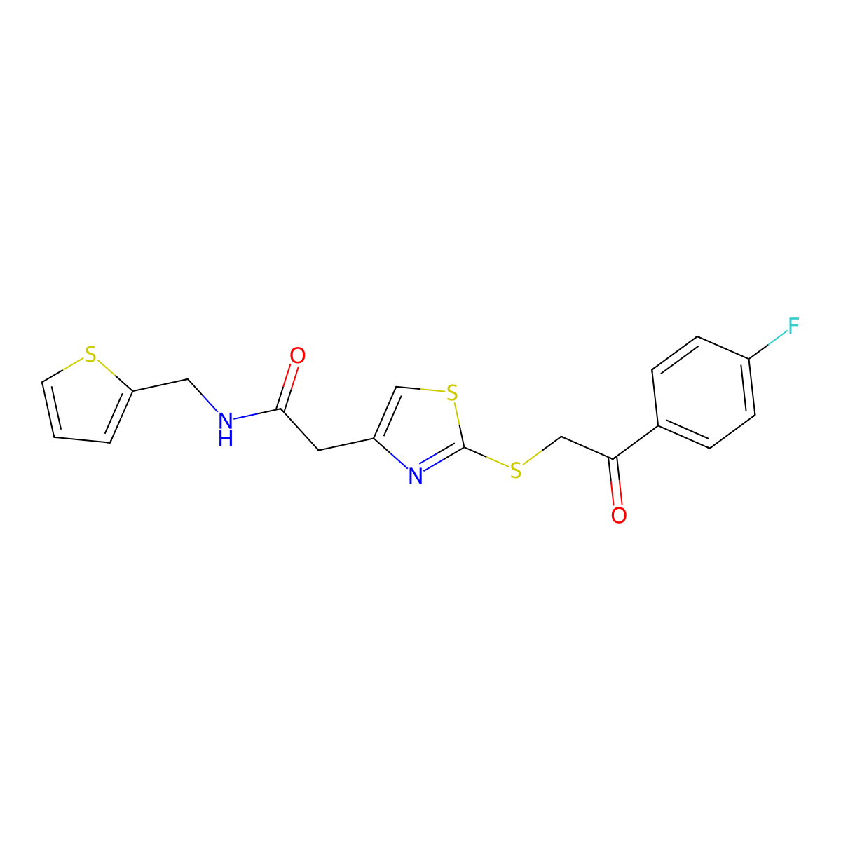 2-(2-((2-(4-fluorophenyl)-2-oxoethyl)thio)thiazol-4-yl)-N-(thiophen-2-ylmethyl)acetamide molecular structure, CAS 1021130-45-9
