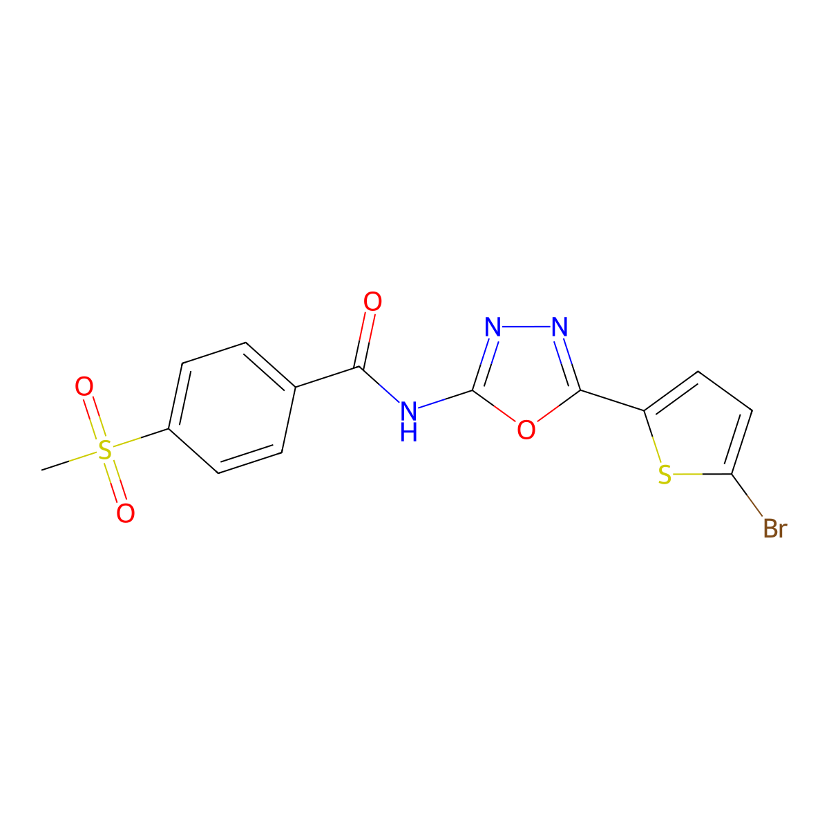 N-(5-(5-bromothiophen-2-yl)-1,3,4-oxadiazol-2-yl)-4-(methylsulfonyl)benzamide molecular structure, CAS 1021131-93-0