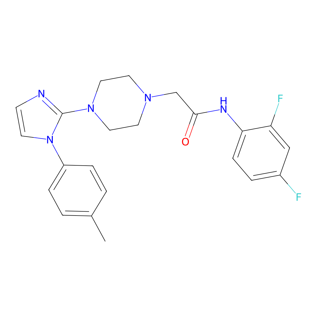N-(2,4-difluorophenyl)-2-(4-(1-(p-tolyl)-1H-imidazol-2-yl)piperazin-1-yl)acetamide molecular structure, CAS 1021132-33-1