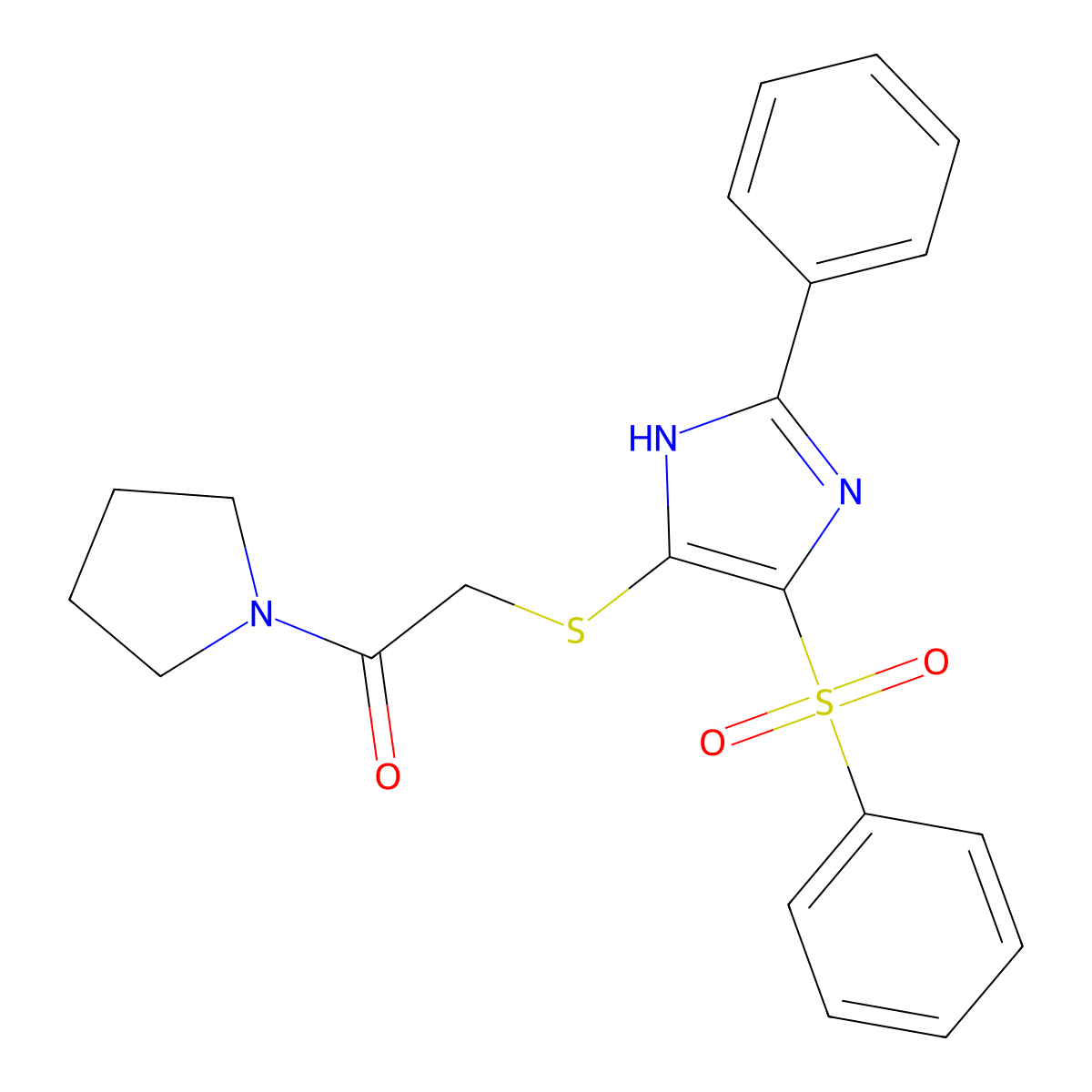 2-((2-phenyl-4-(phenylsulfonyl)-1H-imidazol-5-yl)thio)-1-(pyrrolidin-1-yl)ethanone molecular structure, CAS 1021132-91-1