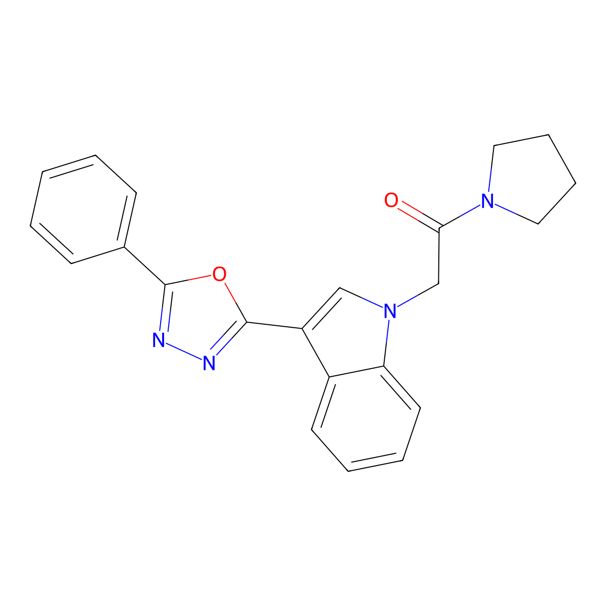 2-(3-(5-phenyl-1,3,4-oxadiazol-2-yl)-1H-indol-1-yl)-1-(pyrrolidin-1-yl)ethanone molecular structure, CAS 1021133-09-4