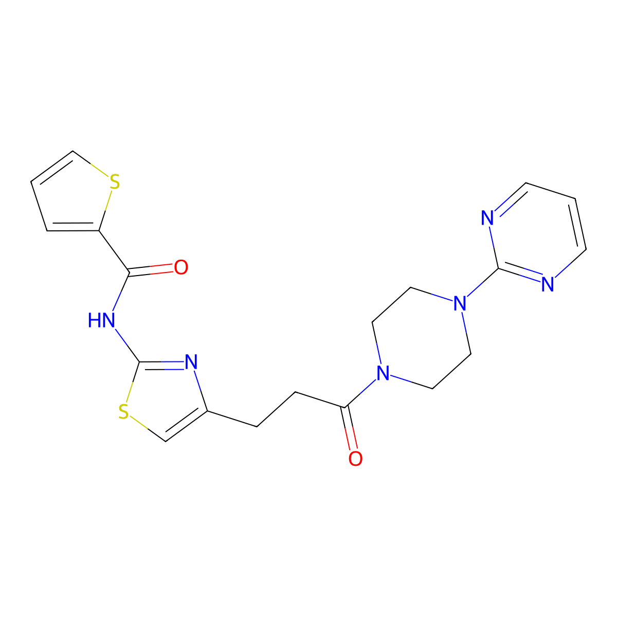 N-(4-(3-oxo-3-(4-(pyrimidin-2-yl)piperazin-1-yl)propyl)thiazol-2-yl)thiophene-2-carboxamide molecular structure, CAS 1021133-28-7