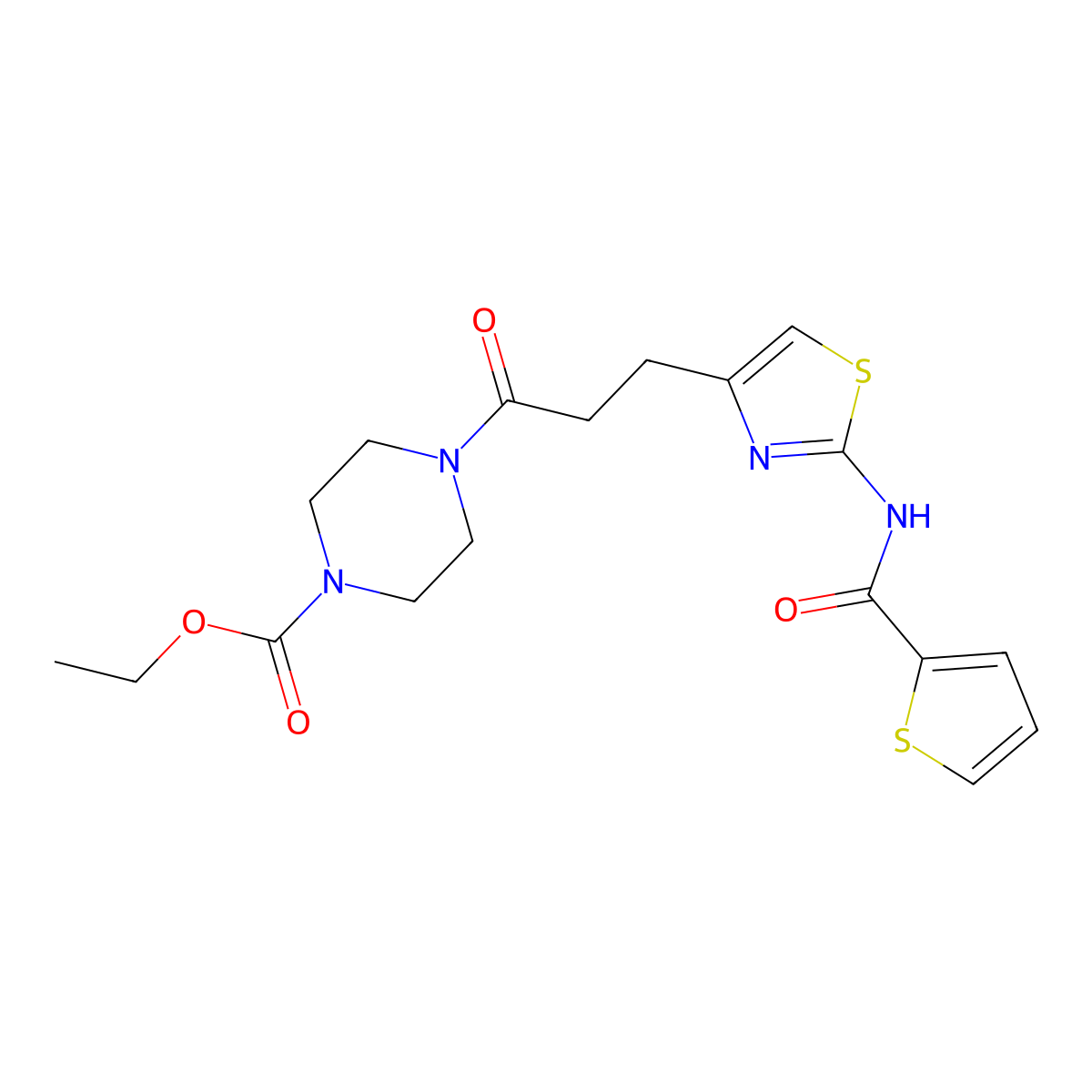 Ethyl 4-(3-(2-(thiophene-2-carboxamido)thiazol-4-yl)propanoyl)piperazine-1-carboxylate molecular structure, CAS 1021133-30-1