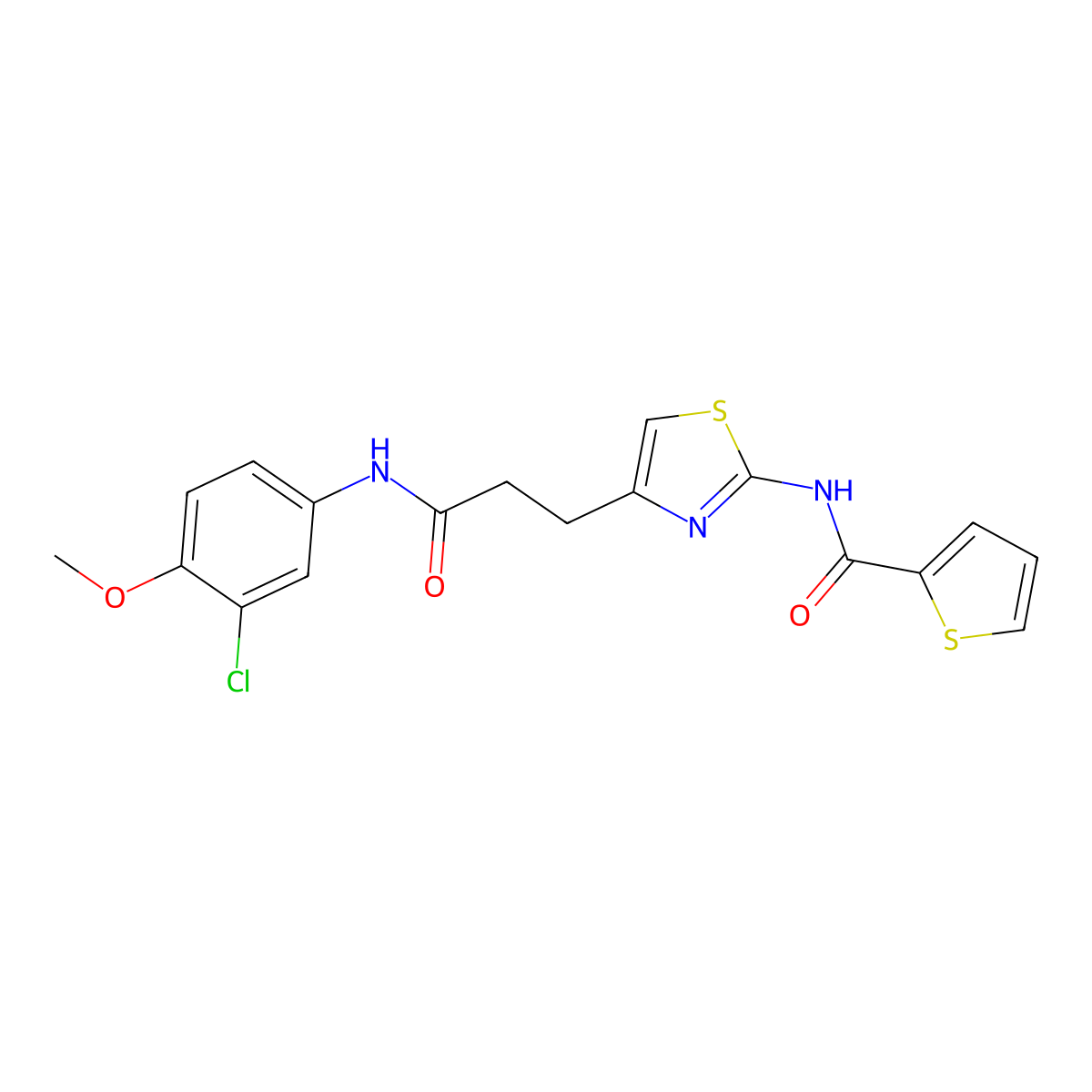 N-(4-(3-((3-chloro-4-methoxyphenyl)amino)-3-oxopropyl)thiazol-2-yl)thiophene-2-carboxamide molecular structure, CAS 1021133-47-0
