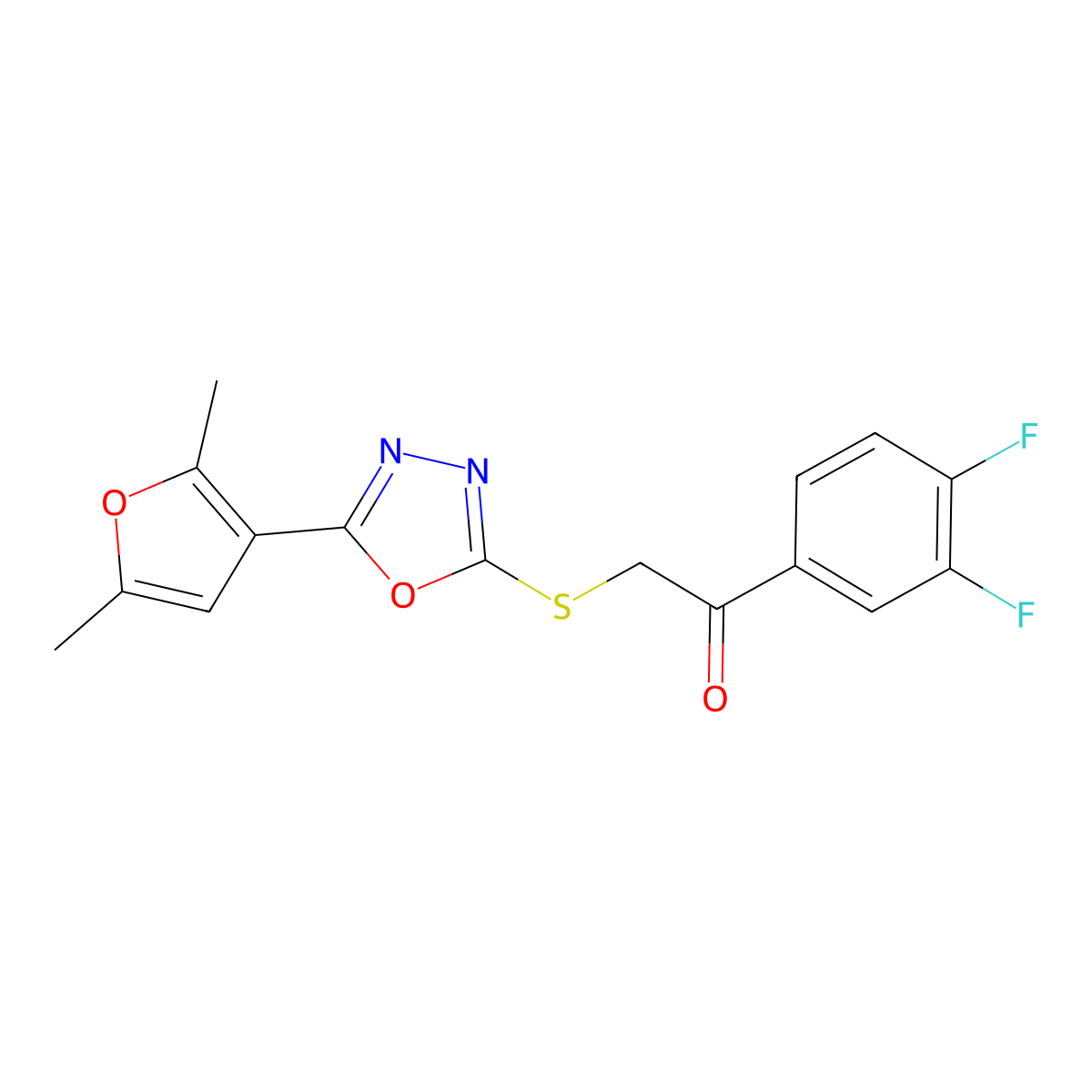 1-(3,4-Difluorophenyl)-2-((5-(2,5-dimethylfuran-3-yl)-1,3,4-oxadiazol-2-yl)thio)ethanone molecular structure, CAS 1021133-49-2