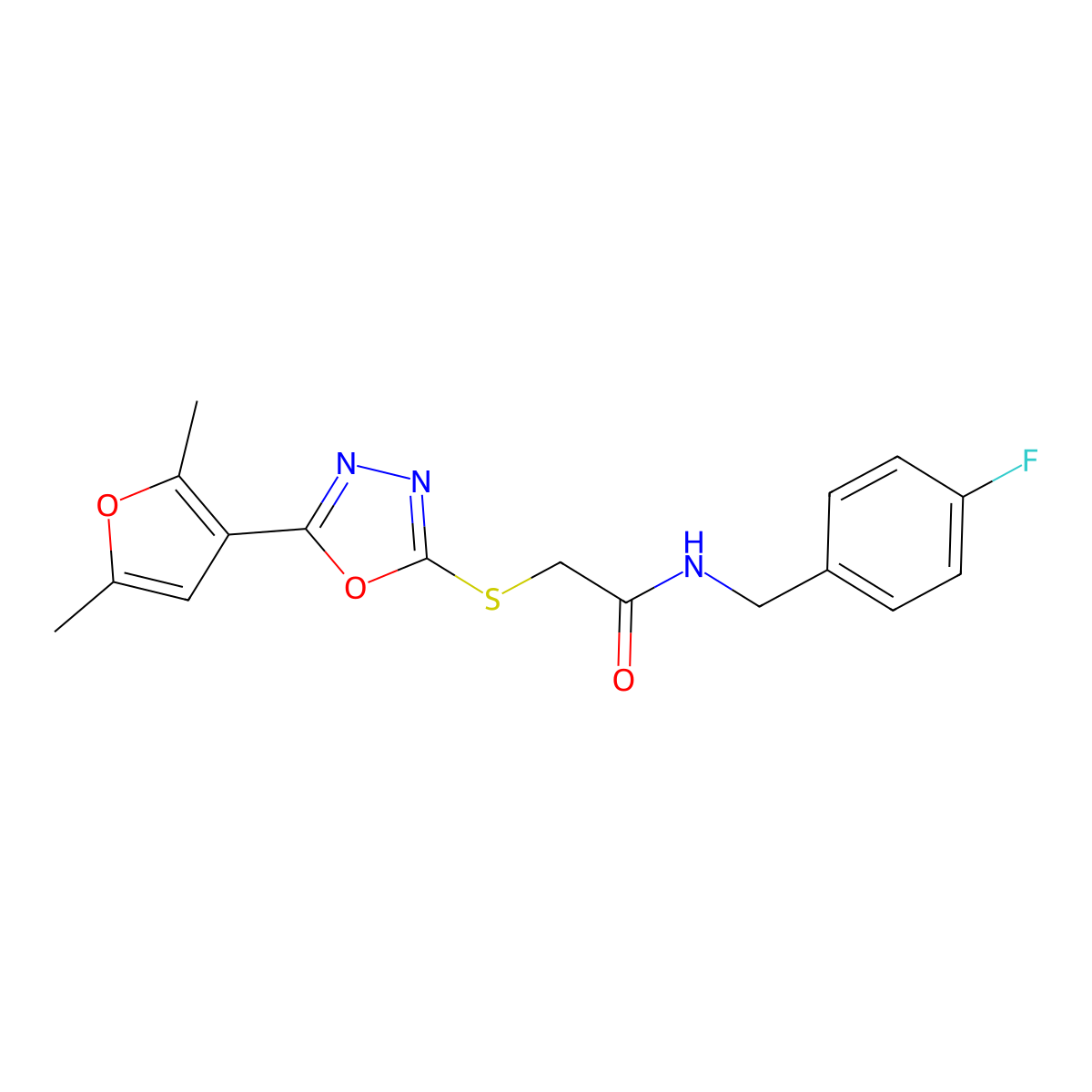 2-((5-(2,5-dimethylfuran-3-yl)-1,3,4-oxadiazol-2-yl)thio)-N-(4-fluorobenzyl)acetamide molecular structure, CAS 1021133-51-6