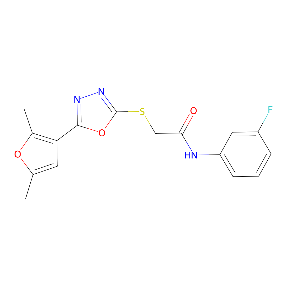 2-((5-(2,5-dimethylfuran-3-yl)-1,3,4-oxadiazol-2-yl)thio)-N-(3-fluorophenyl)acetamide molecular structure, CAS 1021133-54-9