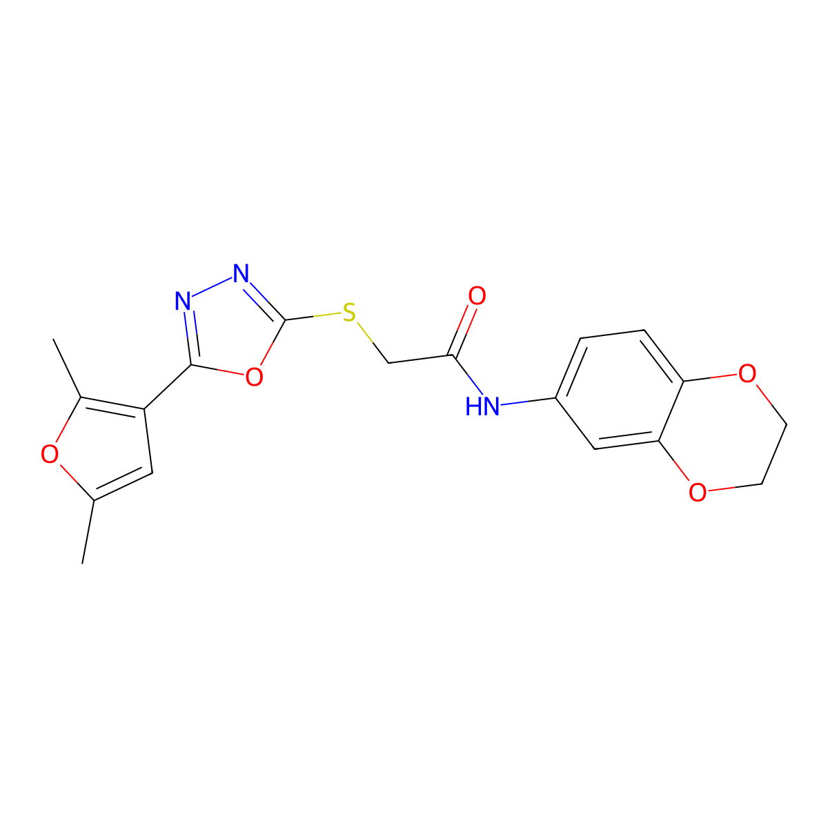 N-(2,3-dihydrobenzo[b][1,4]dioxin-6-yl)-2-((5-(2,5-dimethylfuran-3-yl)-1,3,4-oxadiazol-2-yl)thio)acetamide molecular structure, CAS 1021133-56-1