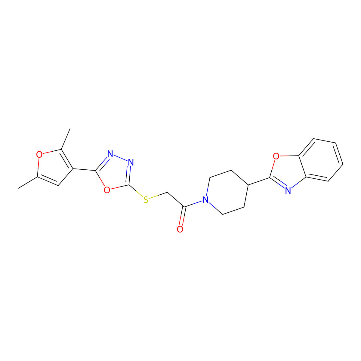 1-(4-(Benzo[d]oxazol-2-yl)piperidin-1-yl)-2-((5-(2,5-dimethylfuran-3-yl)-1,3,4-oxadiazol-2-yl)thio)ethanone molecular structure, CAS 1021133-58-3